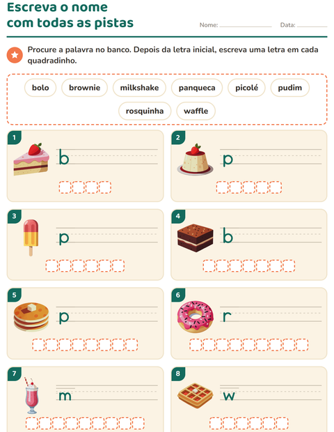 Pré-visualização da ficha de Escreva o nome da figura com Sobremesas e doces para 1º ano do ensino fundamental