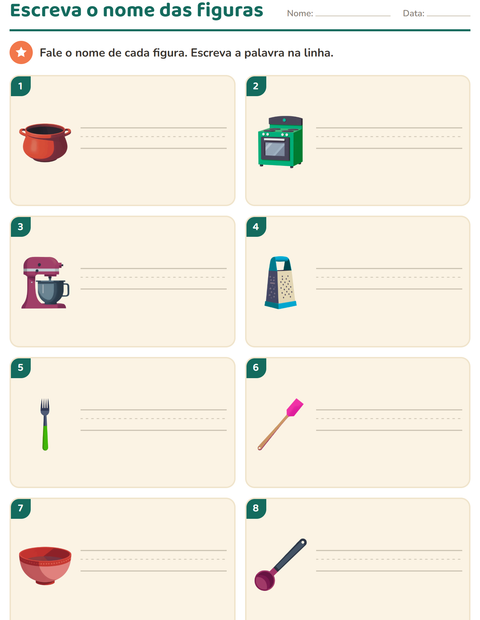 Pré-visualização da ficha de Escreva o nome da figura com Utensílios de cozinha para 1º ano do ensino fundamental