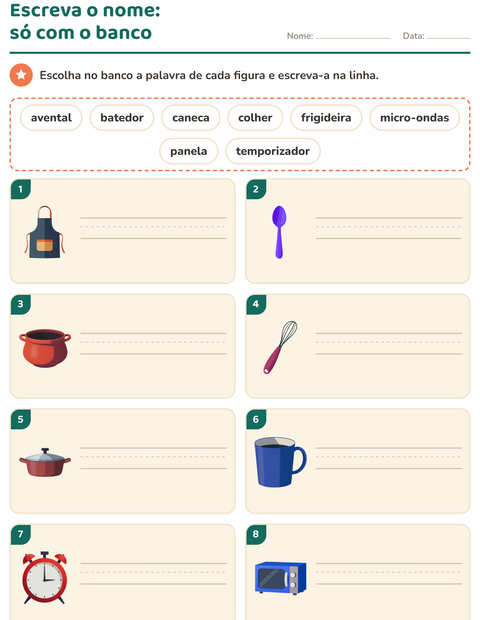Pré-visualização da ficha de Escreva o nome da figura com Utensílios de cozinha para 1º ano do ensino fundamental