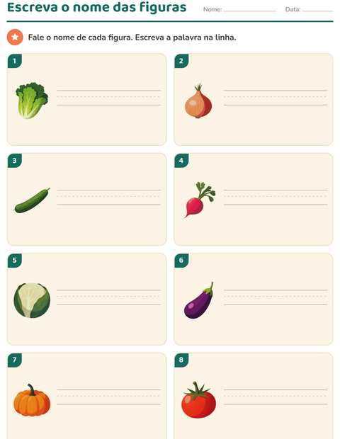Pré-visualização da ficha de Escreva o nome da figura com Vegetais para 1º ano do ensino fundamental