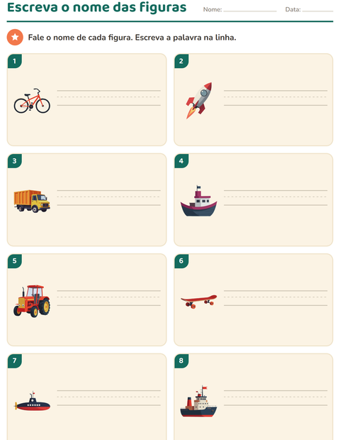 Pré-visualização da ficha de Escreva o nome da figura com Veículos para 1º ano do ensino fundamental