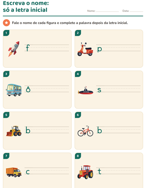 Pré-visualização da ficha de Escreva o nome da figura com Veículos para 1º ano do ensino fundamental