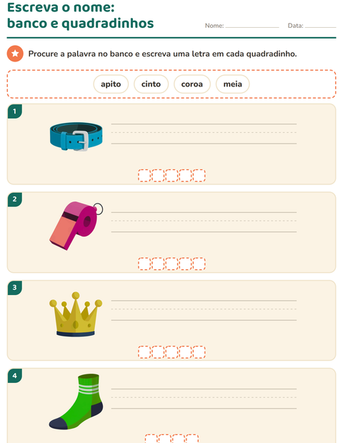 Pré-visualização da ficha de Escreva o nome da figura com Acessórios para 1º ano do ensino fundamental