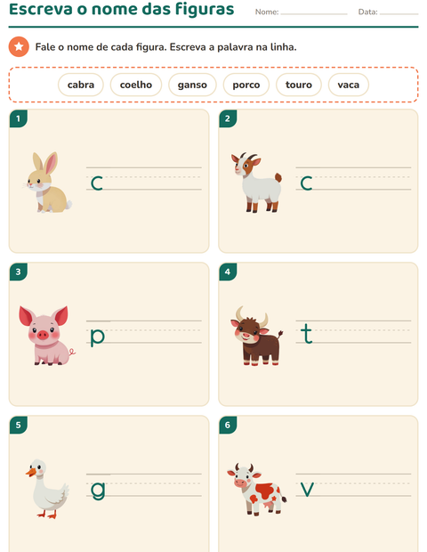Pré-visualização da ficha de Escreva o nome da figura com Animais da fazenda para 1º ano do ensino fundamental