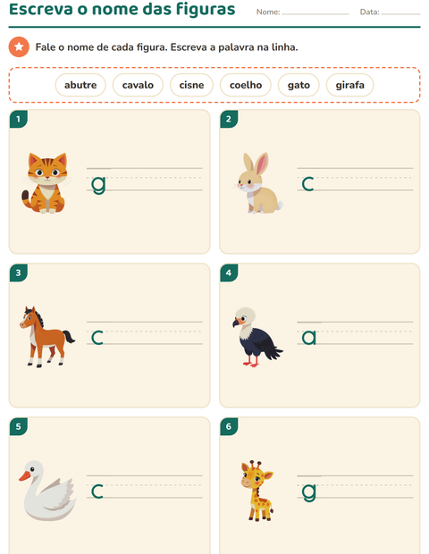 Pré-visualização da ficha de Escreva o nome da figura com Animais para 1º ano do ensino fundamental