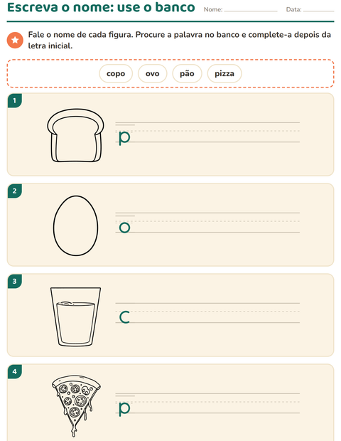 Pré-visualização da ficha de Escreva o nome da figura com Comida PB 3 para 1º ano do ensino fundamental