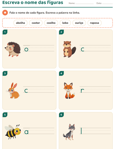 Pré-visualização da ficha de Escreva o nome da figura com Criaturas da floresta para 1º ano do ensino fundamental