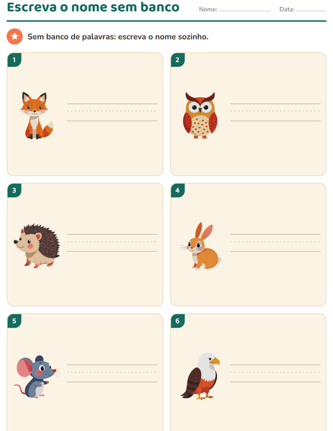 Pré-visualização da ficha de Escreva o nome da figura com Criaturas da floresta para 1º ano do ensino fundamental