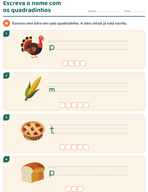 Pré-visualização da ficha de Escreva o nome da figura com Dia de Ação de Graças para 1º ano do ensino fundamental