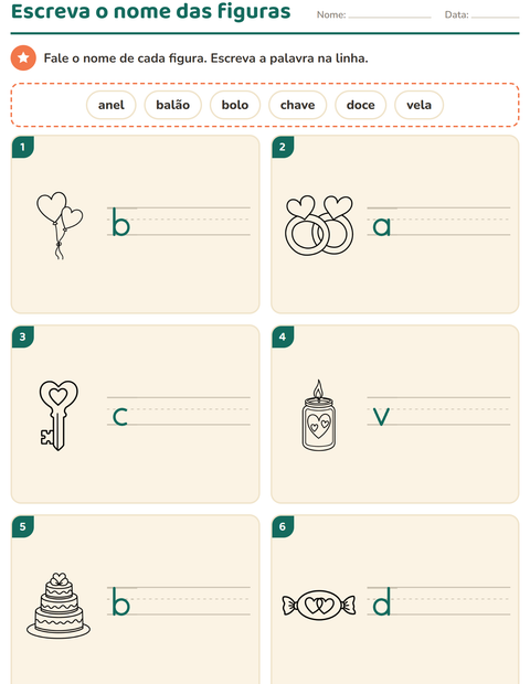 Pré-visualização da ficha de Escreva o nome da figura com Dia dos Namorados PB para 1º ano do ensino fundamental