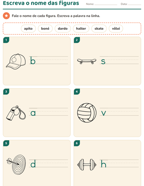 Pré-visualização da ficha de Escreva o nome da figura com Esportes PB para 1º ano do ensino fundamental