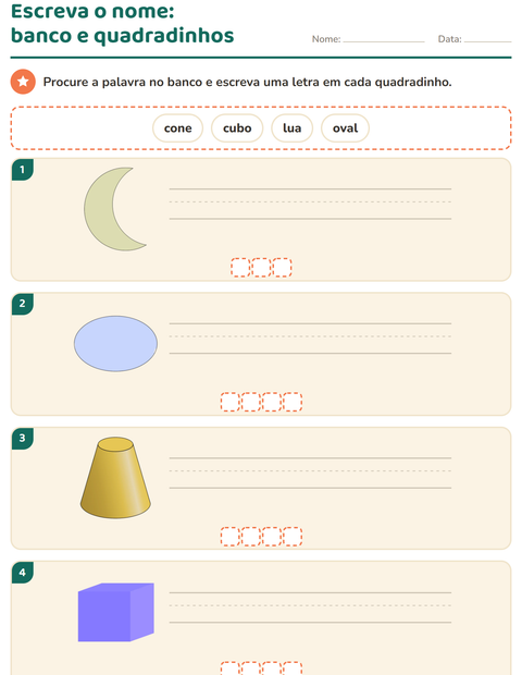 Pré-visualização da ficha de Escreva o nome da figura com Formas para 1º ano do ensino fundamental