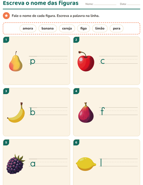 Pré-visualização da ficha de Escreva o nome da figura com Frutas para 1º ano do ensino fundamental
