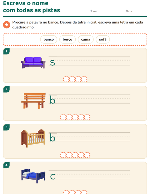 Pré-visualização da ficha de Escreva o nome da figura com Móveis para 1º ano do ensino fundamental