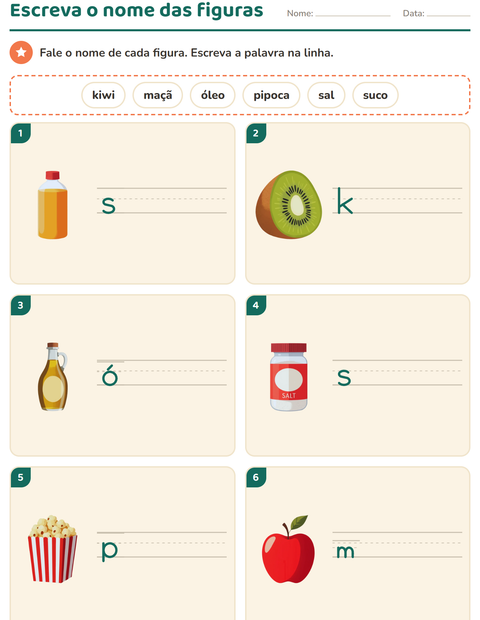 Pré-visualização da ficha de Escreva o nome da figura com No supermercado para 1º ano do ensino fundamental
