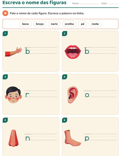 Pré-visualização da ficha de Escreva o nome da figura com Partes do corpo para 1º ano do ensino fundamental