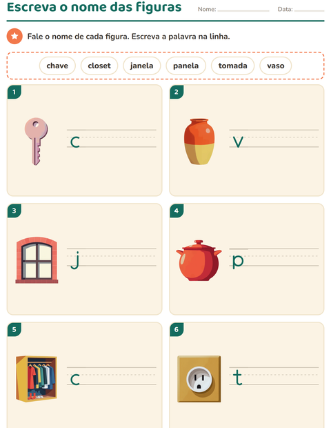 Pré-visualização da ficha de Escreva o nome da figura com Pela casa para 1º ano do ensino fundamental