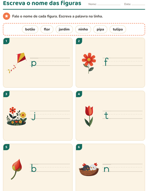 Pré-visualização da ficha de Escreva o nome da figura com Primavera para 1º ano do ensino fundamental