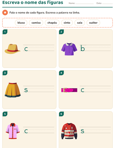 Pré-visualização da ficha de Escreva o nome da figura com Roupas para 1º ano do ensino fundamental