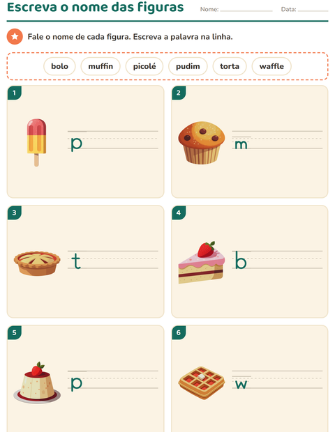 Pré-visualização da ficha de Escreva o nome da figura com Sobremesas e doces para 1º ano do ensino fundamental