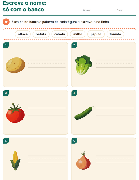 Pré-visualização da ficha de Escreva o nome da figura com Vegetais para 1º ano do ensino fundamental