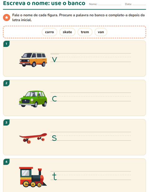 Pré-visualização da ficha de Escreva o nome da figura com Veículos para 1º ano do ensino fundamental
