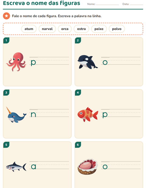Pré-visualização da ficha de Escreva o nome da figura com Vida marinha para 1º ano do ensino fundamental