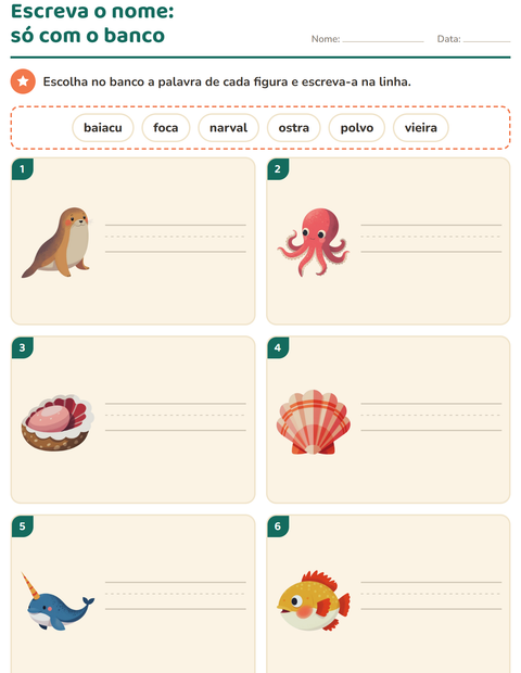 Pré-visualização da ficha de Escreva o nome da figura com Vida marinha para 1º ano do ensino fundamental