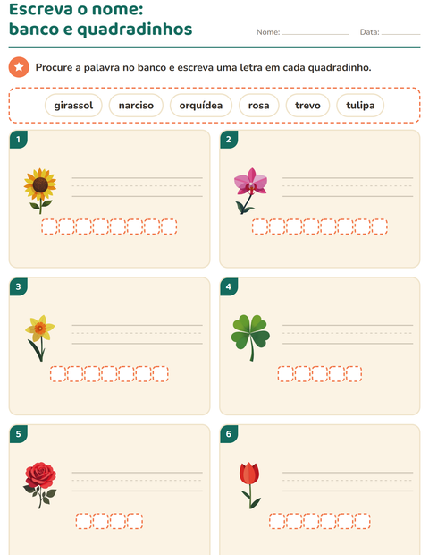 Pré-visualização da ficha de Escreva o nome da figura com Flores para 1º ano do ensino fundamental