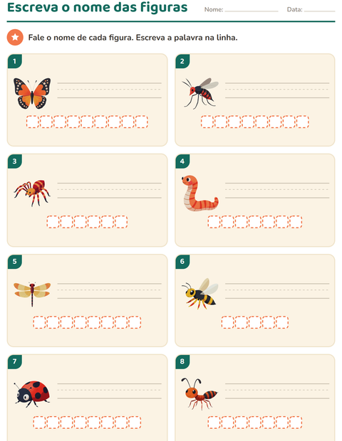 Pré-visualização da ficha de Escreva o nome da figura com Insetos e bichos para 1º ano do ensino fundamental