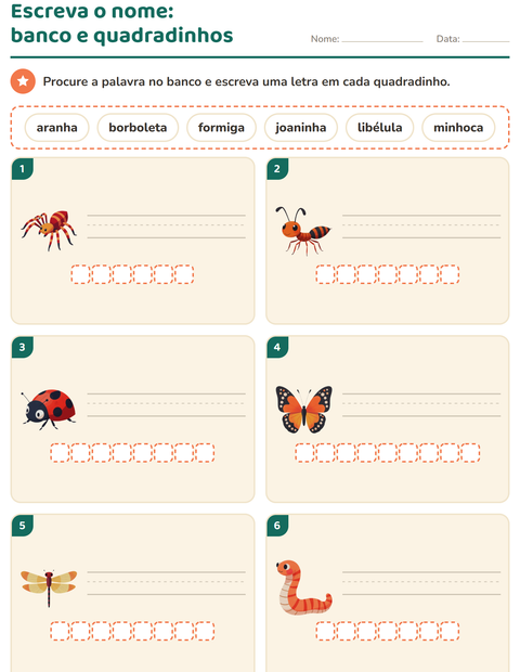 Pré-visualização da ficha de Escreva o nome da figura com Insetos e bichos para 1º ano do ensino fundamental
