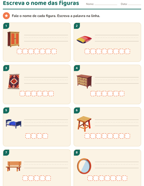 Pré-visualização da ficha de Escreva o nome da figura com Móveis para 1º ano do ensino fundamental