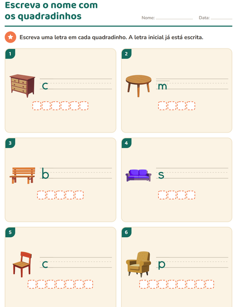 Pré-visualização da ficha de Escreva o nome da figura com Móveis para 1º ano do ensino fundamental