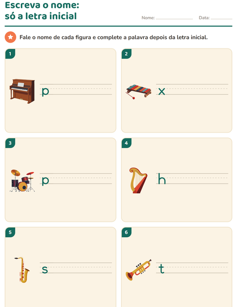 Pré-visualização da ficha de Escreva o nome da figura com Música para 1º ano do ensino fundamental