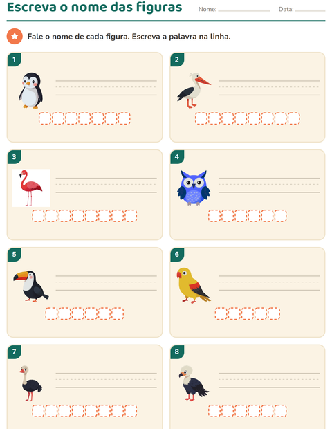 Pré-visualização da ficha de Escreva o nome da figura com Pássaros para 1º ano do ensino fundamental