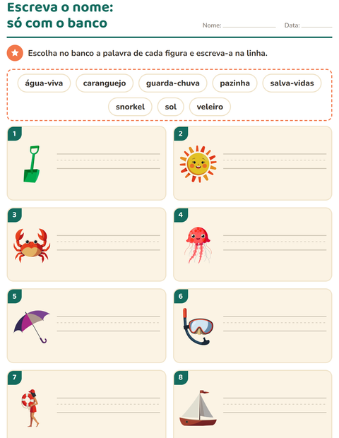 Pré-visualização da ficha de Escreva o nome da figura com Praia para 1º ano do ensino fundamental