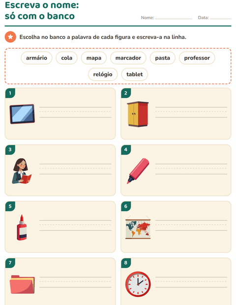 Pré-visualização da ficha de Escreva o nome da figura com Sala de aula para 1º ano do ensino fundamental