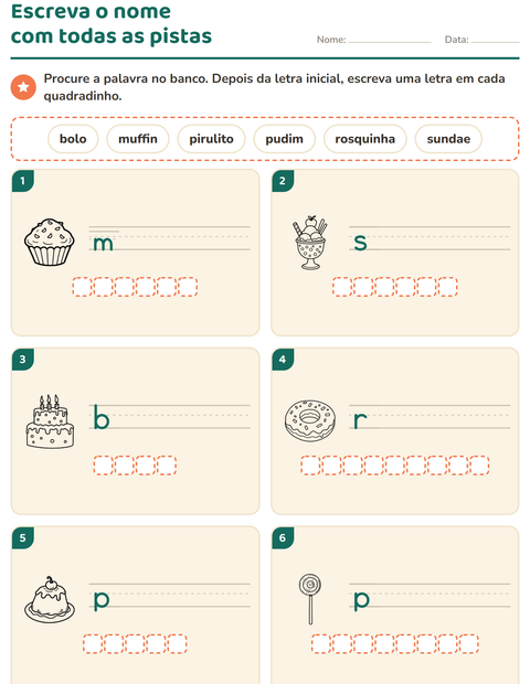 Pré-visualização da ficha de Escreva o nome da figura com Sobremesa (P&B) para 1º ano do ensino fundamental