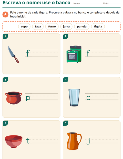 Pré-visualização da ficha de Escreva o nome da figura com Utensílios de cozinha para 1º ano do ensino fundamental