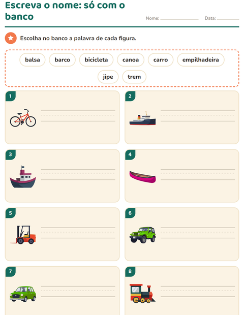 Escreva o nome dos veículos usando só o banco de palavras
