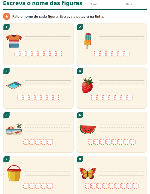Pré-visualização da ficha de Escreva o nome da figura com Verão para 1º ano do ensino fundamental