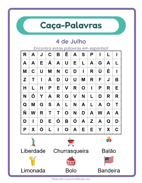 Pré-visualização da ficha de Caça-palavras com 4 de Julho para 1º ano do ensino fundamental