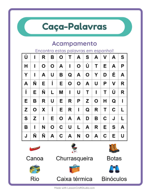 Prévia: Aprender espanhol: Acampamento – caça-palavras para crianças