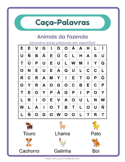 Prévia: Aprender espanhol: Animais da fazenda – caça-palavras para crianças