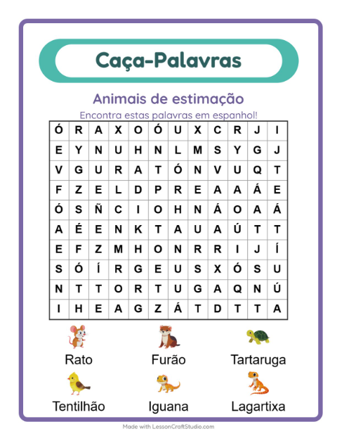 Caça-palavras em espanhol – Animais de estimação