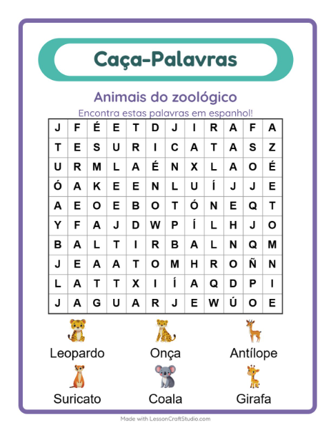 Caça-palavras em espanhol – Animais do zoológico