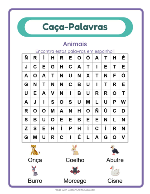 Caça-palavras em espanhol – Animais