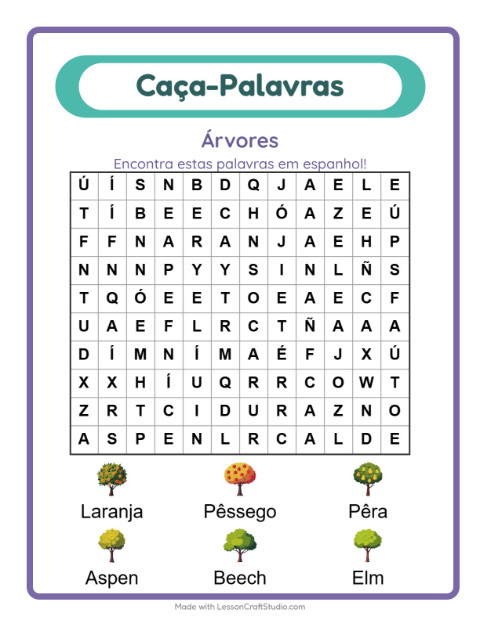 Caça-palavras em espanhol – Árvores