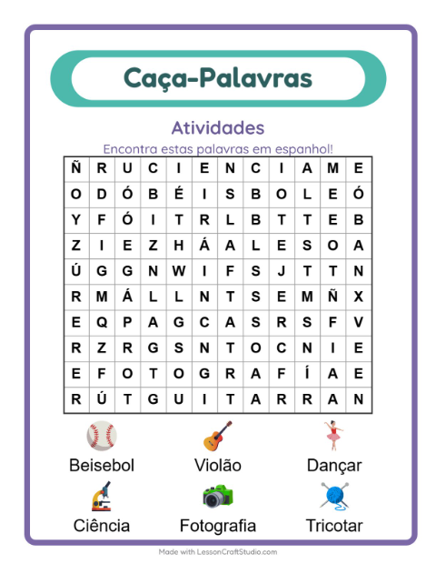 Prévia: Aprender espanhol: Atividades – caça-palavras para crianças