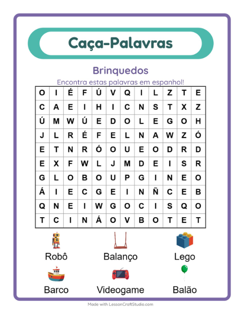 Caça-palavras em espanhol – Brinquedos
